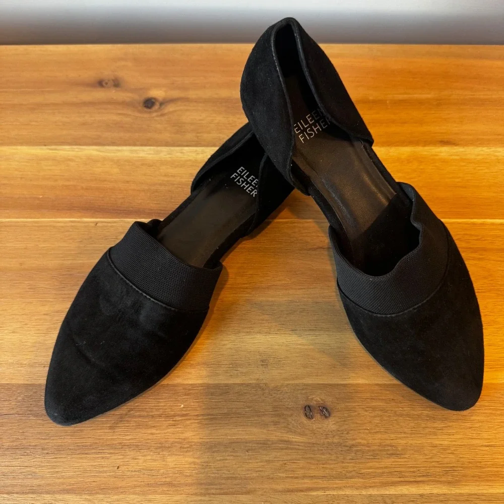 Eileen Fisher Women 6.5‎ Black Suede Pointed Toe d'Orsay Flats Elastic Strap